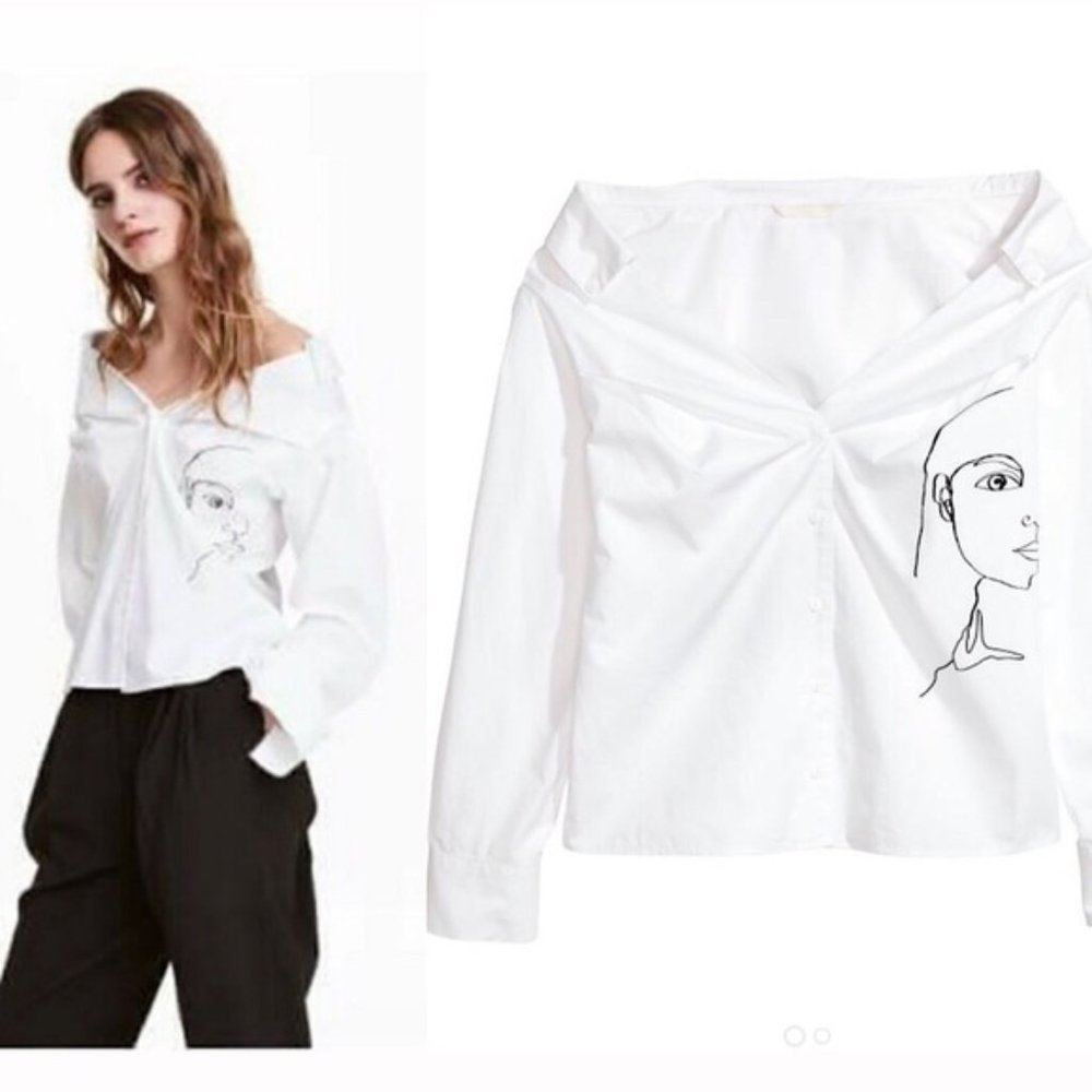 H&M White Off-Shoulder Shirt with Artistic Print